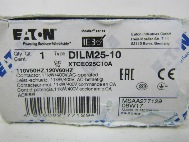 Eaton XTCE025C10A NEMA and IEC Contactors 3P 25A 120V EA
