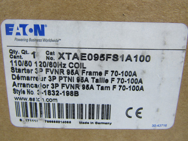 Eaton XTAE095FS1A100 Starters 3P 100A 120V 50/60Hz 1NO 1NC