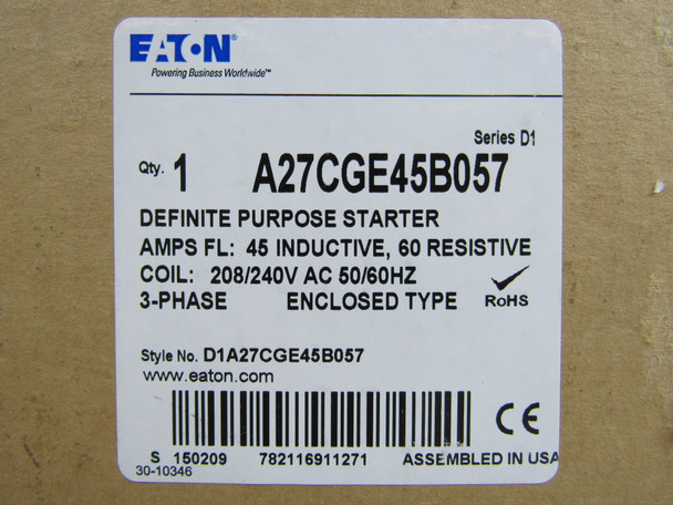 Eaton A27CGE45B057 Starters Definite Purpose 3P 45A 240V 3Ph NEMA 1