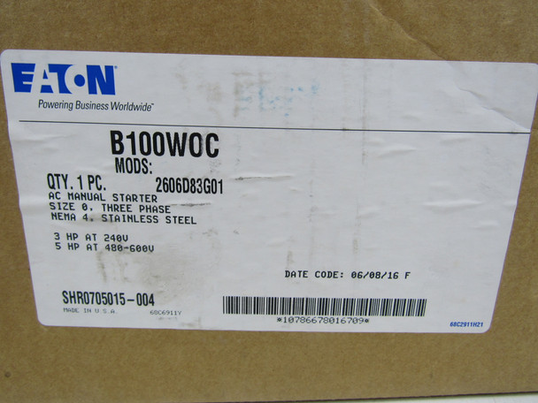 Eaton B100W0C Manual Starters 3P 20-100A 480V 3Ph 5HP EA
