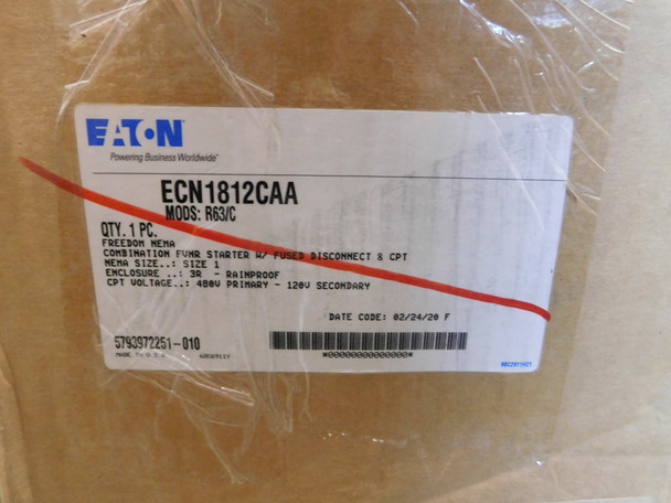 Eaton ECN1812CAA Combination Starters Combo Non-Reversing/Fusible Disconnect w/ CPT 480VAC 50/60Hz 3Ph