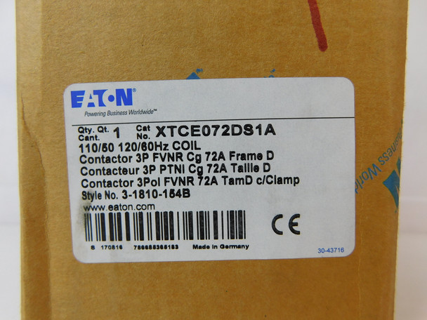 Eaton XTCE072DS1A Other Contactors 3P 72A 120V 50/60Hz D Frame 1NO 1NC EA