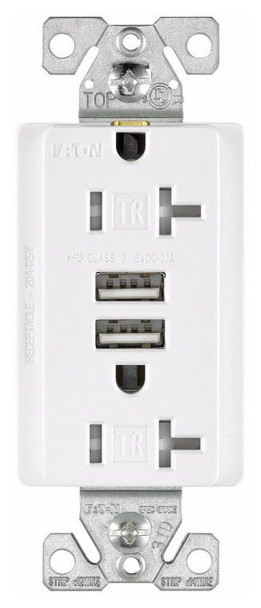 Eaton TR7756W-BOX Outlets Combination USB Charger/Duplex Receptacle 20A 125V White EA Tamper Resistant