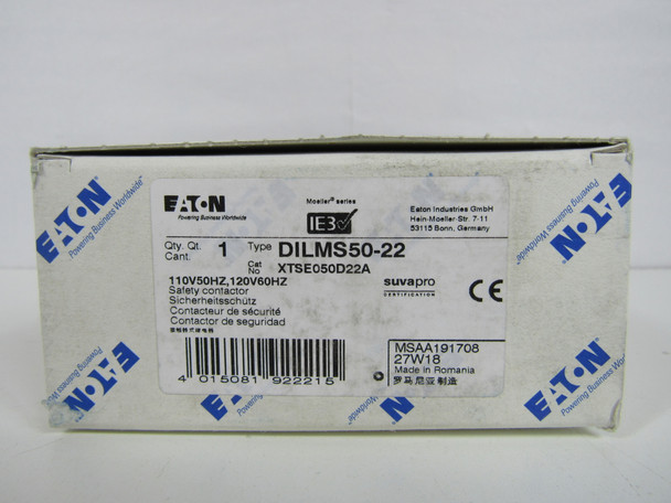 Eaton XTSE050D22A Other Contactors 3P 50A 120V 50/60Hz D Frame 2NO 2NC Non-Reversing Safety Contactor