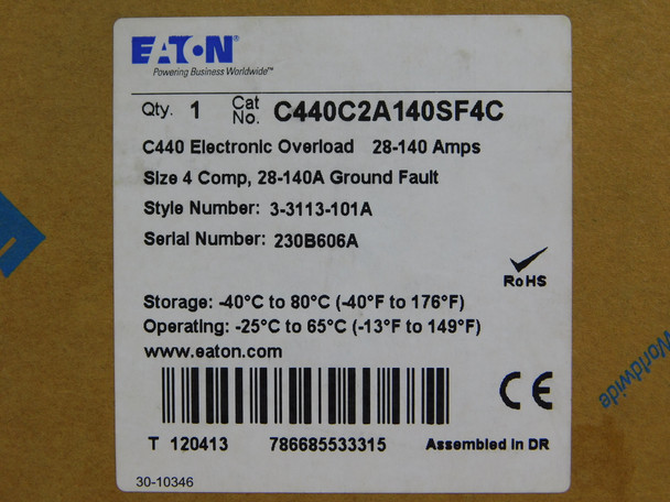 Eaton C440C2A140SF4C Relays Selectable Electronic 3P 28-140A 600V 110mm Compact
