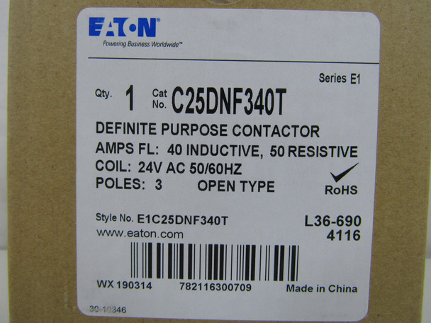 Eaton C25DNF340T Definite Purpose Contactors 3P 40A 24V EA