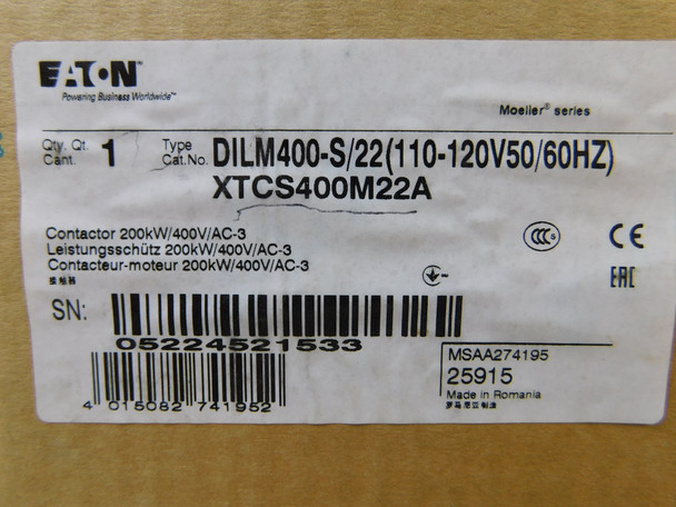 Eaton XTCS400M22A Definite Purpose Contactors 3P 400A 120VAC 50/60Hz M Frame 2NO 2NC EA