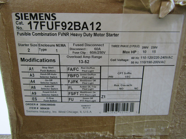 Siemens 17FUF92BA12 Combination Starters Combination Non-Reversing/Fusible Disconnect 3P 32-52A 240V 50/60Hz 3Ph 15HP NEMA 1 Overload Range: 13-52A