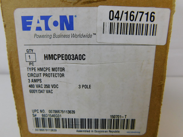 Eaton HMCPE003A0C Motor Circuit Protector (MCPs) HMCPE 3P 3A 480V 50/60Hz J-K Frame EA