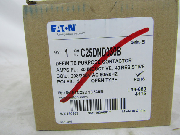 Eaton C25DND330B Definite Purpose Contactors Non-Reversing 3P 30A 240V D Frame EA