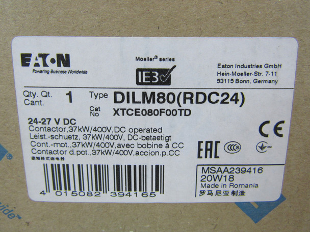 Eaton XTCE080F00TD NEMA and IEC Contactors 3P 26A 27VDC EA