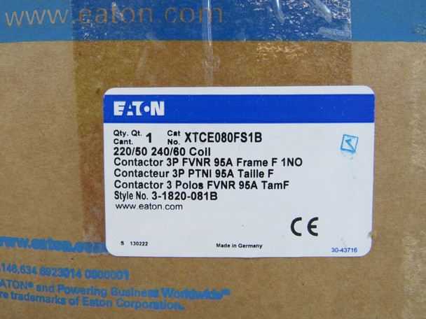 Eaton XTCE080FS1B NEMA and IEC Contactors 3P 80A 240V EA