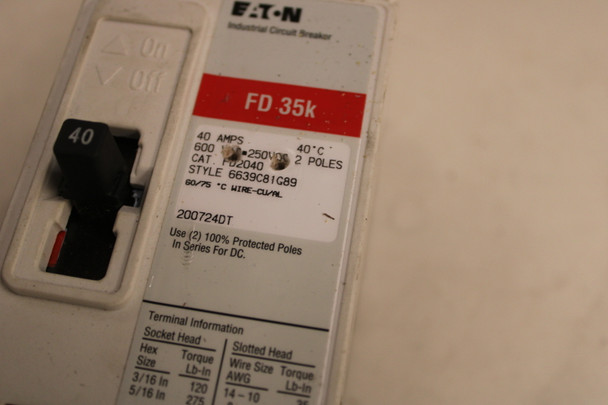 Eaton FD2040 Molded Case Breakers (MCCBs) FD 2P 40A 600V 50/60Hz 2Ph F Frame EA