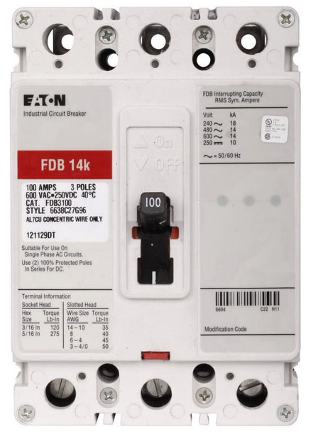 Cutler-Hammer FDB3110L Molded Case Breakers (MCCBs) 3P 110A NULL