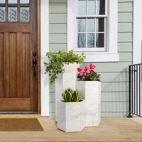 Botany Planter: Set of 3 Planters, 3 Tall Standing White Hexagon Terrace Plant Holders, Designed for Indoor and Outdoor Use, Marble