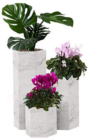 Botany Planter: Set of 3 Planters, 3 Tall Standing White Hexagon Terrace Plant Holders, Designed for Indoor and Outdoor Use, Marble