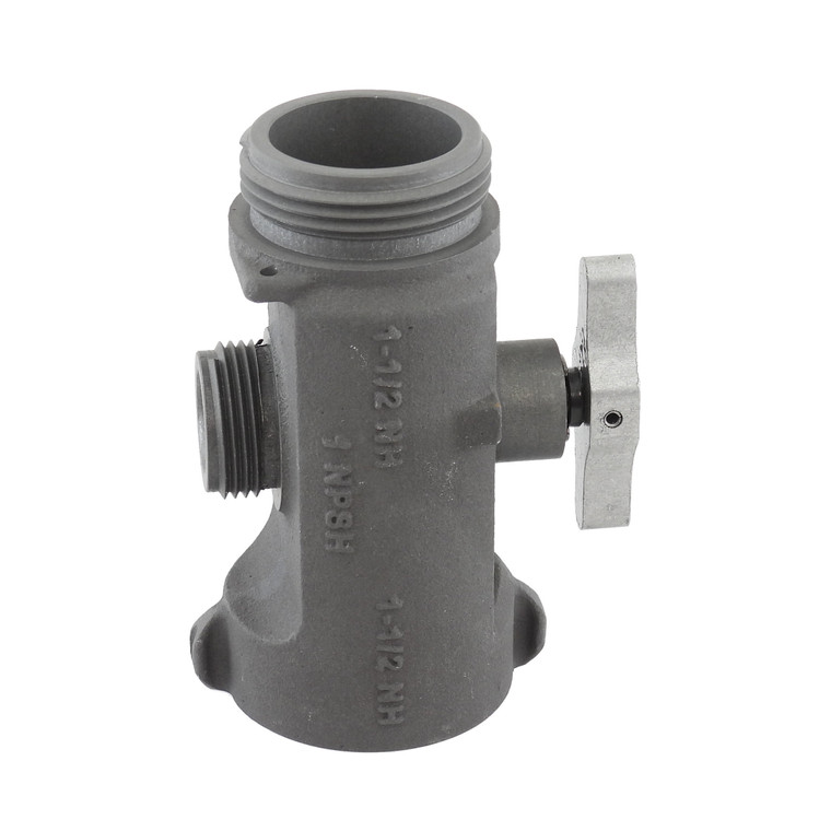 T Valve 1 1/2" female inlet NST with 1 1/2" male NST outlet and 1" NPSH male outlet - Standard USFS (NFES) thread configuration