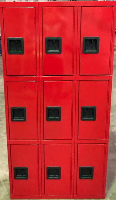 12" wide x 12" deep x 72" high New Overstock Triple Tier Red Triple Tier Lockers 9 Lockers