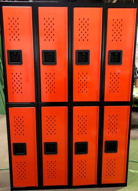 12" wide x 12" deep x 72" high New Overstock Orange And Black 8 Lockers