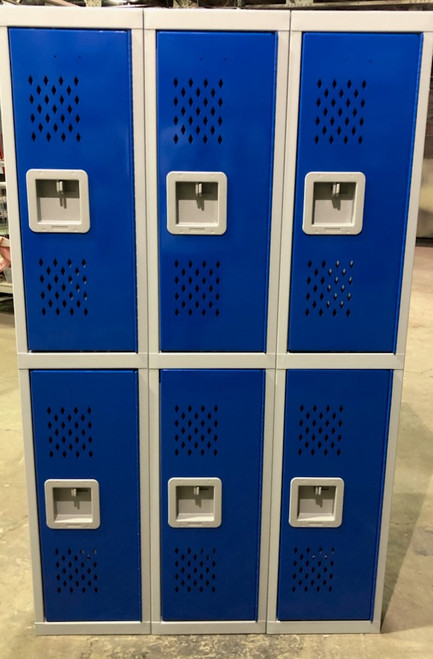 12" wide x 12" deep x 60" high New Overstock Grey Blue Double Tier 3 Frames 6 Lockers