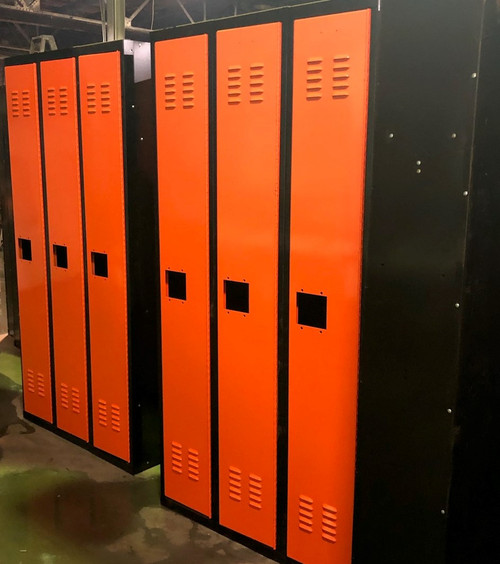 12" wide x 12" deep x 72" high New Overstock Orange and Black Single Tier 3 Lockers