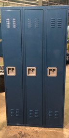 12" wide x 12" deep x 72" high New Overstock  Blue Single Tier Lockers 3 Lockers