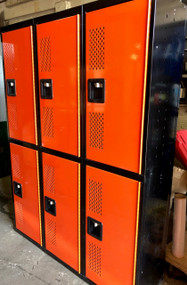 18" wide x 18" deep x 72" high New Overstock Orange and Black Double Tier Lockers