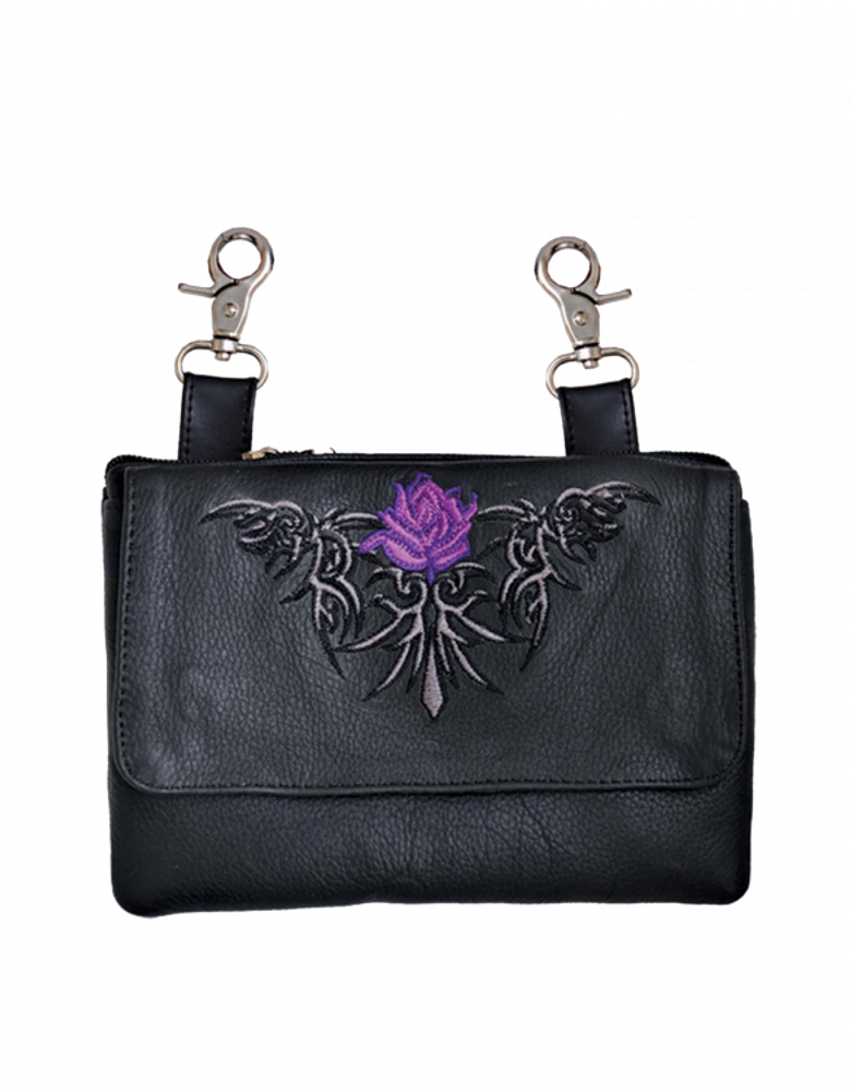 Leather Belt Bag Hip Purse Embroidered purple Rose