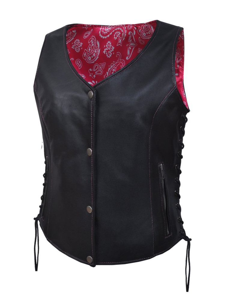 Lightweight Women leather vest with pink paisley lining