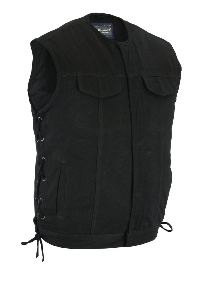 Men's collarless black denim motorcycle vest with snap and hidden zip-front 