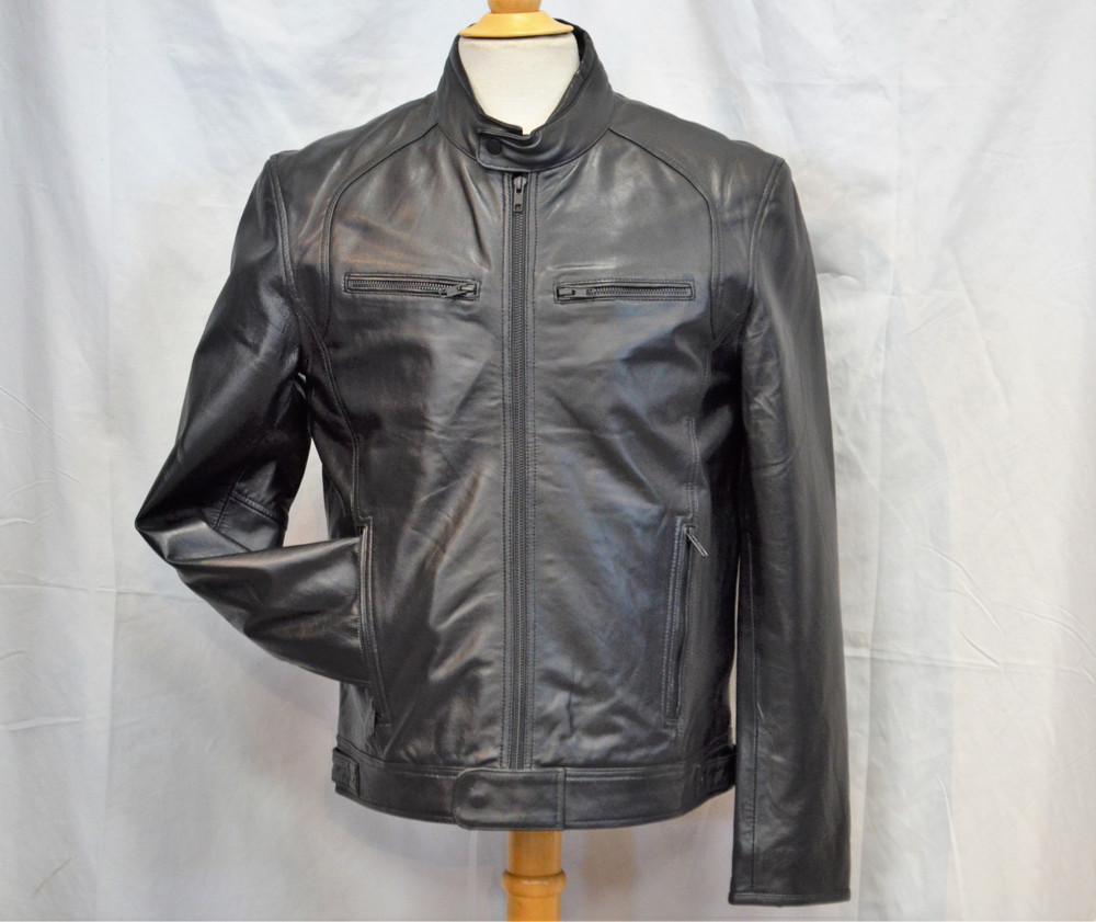 Men classic round collar leather jacket 