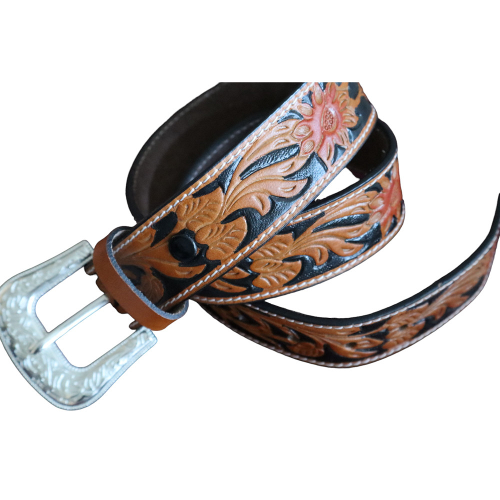 Mens Floral Embossed Western Leather Belt