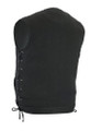 Men's collarless black denim motorcycle vest with snap and hidden zip-front 