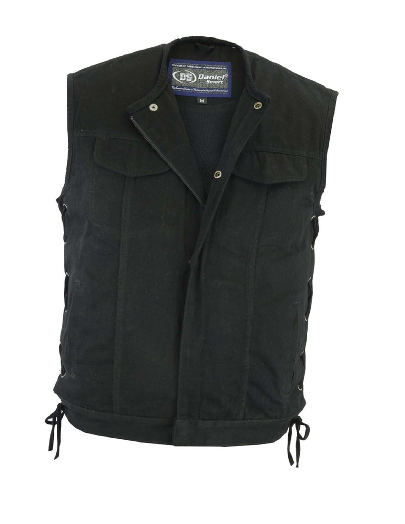 Shop Men's collarless black denim motorcycle vest with snap and hidden ...