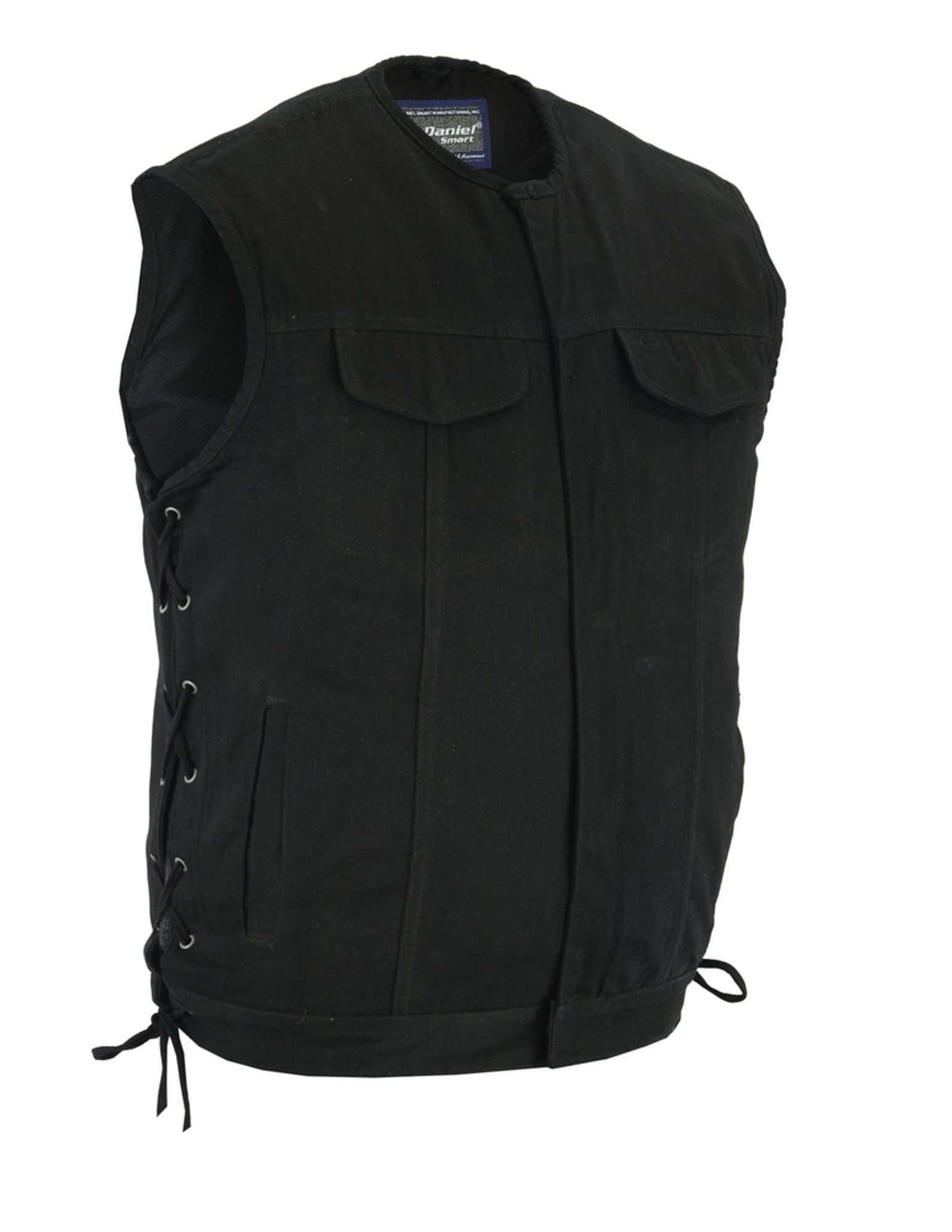 DM992 Men's Black Denim Vest Leather Trim with Collar | Virginia City  Motorcycle Company