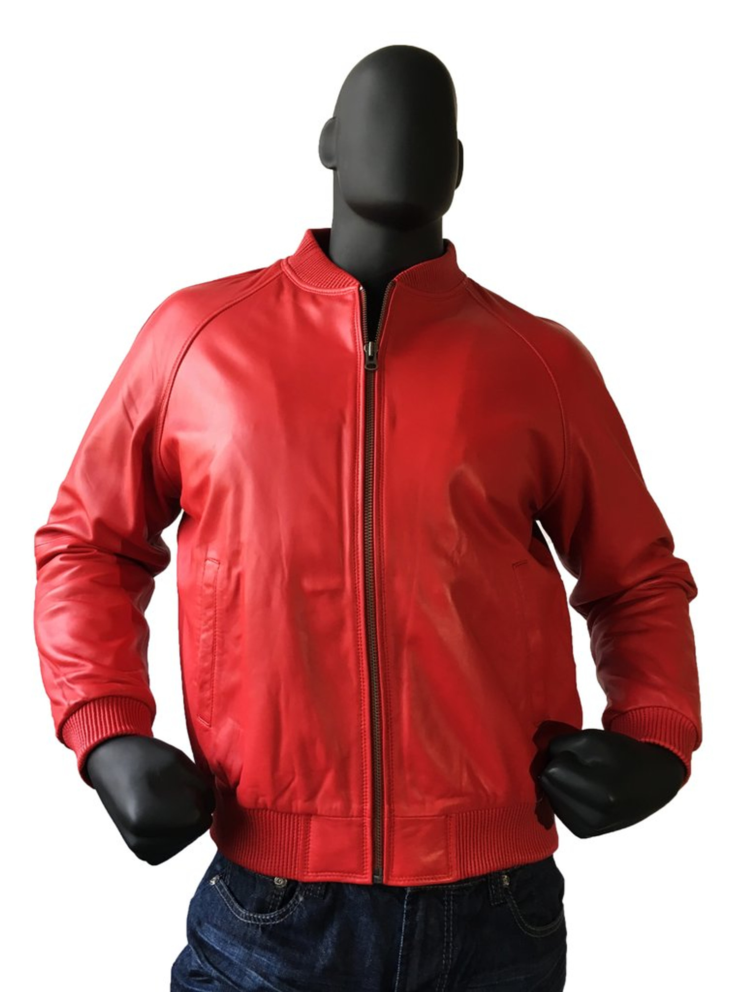 RED LEATHER BOMBER VARSITY JACKET