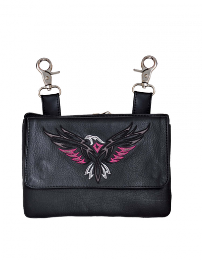 Leather Belt Bag Hip Purse Embroidered Eagle Silver Pink