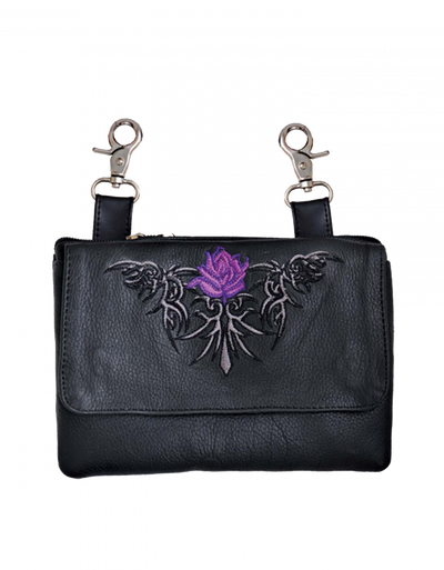 Leather Belt Bag Hip Purse Embroidered purple Rose