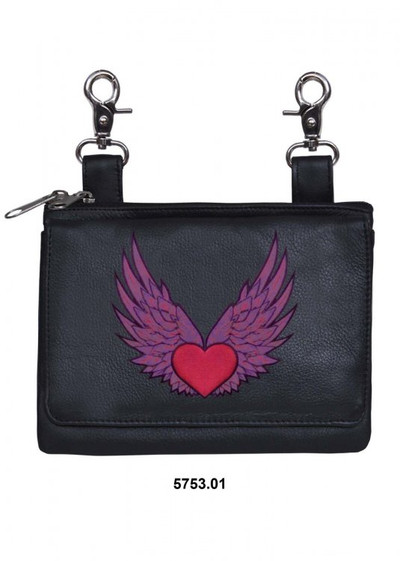 Leather Belt Bag Hip Purse Embroidered Pink Angel Heart