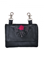 Leather Belt Bag Hip Purse Embroidered Red Rose