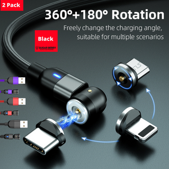 Magnetic Fast Charging Cable 540° Rotating Heads Compatible Charger for IOS & Android Devices [ I Meter - Black - 2 Pack ]