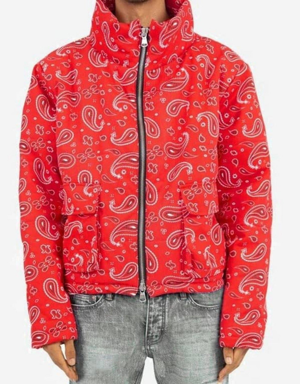 Red Bandana Print Puffer Jacket