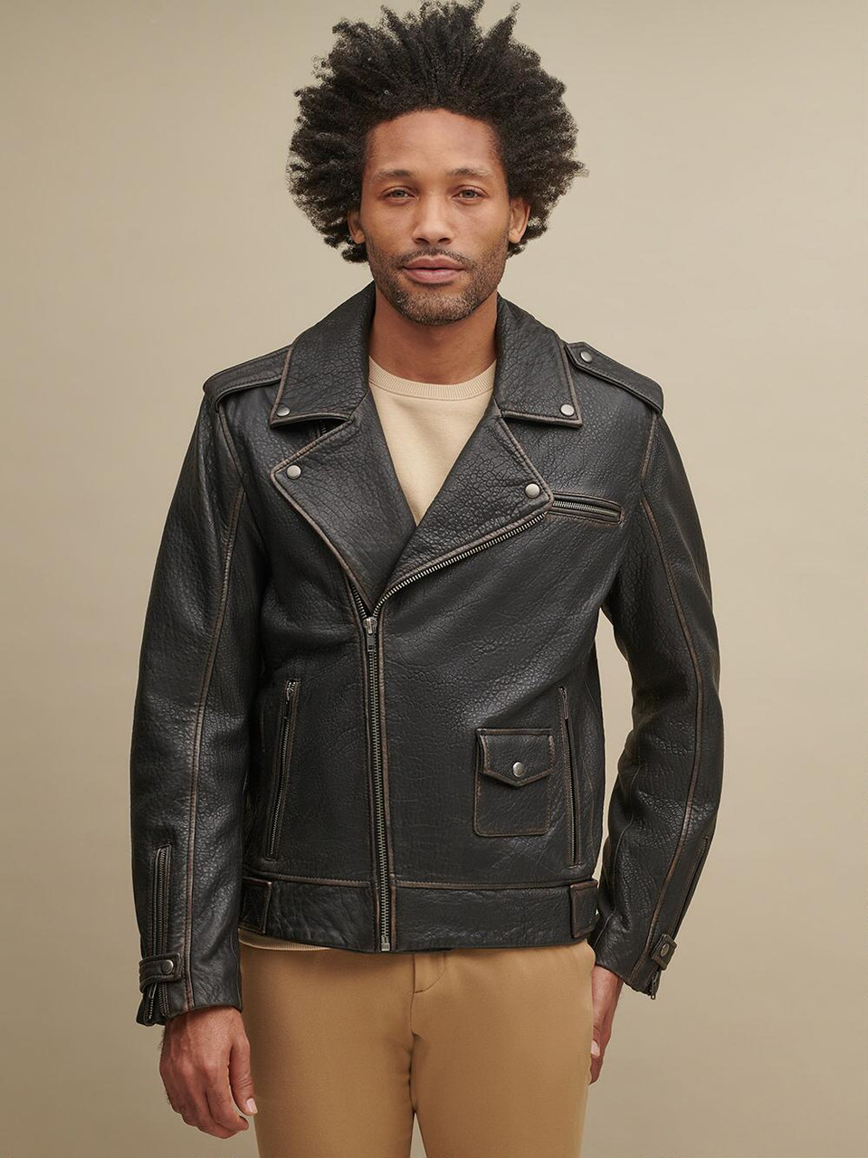 ジャケット・アウター T/SEHNE ASYMMETRIC LEATHER JACKET Asymmetrical Men's Black Leather Jacket