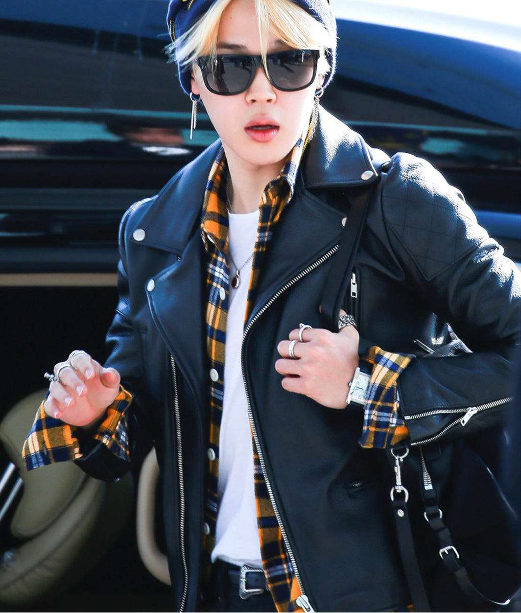 BTS JIMIN PUレザー コースター2点セット ブラウンandブルー★ BTS Jimin Black Leather Jacket