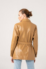 Women Belted Style Real Leather Coat In Tan Color