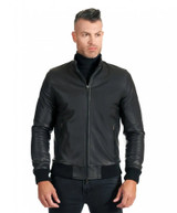 Black nappe lamb leather bomber jacket smooth aspect