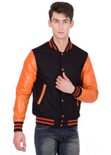 Orange Leather Sleeves Black Wool Varsity Jacket Orange Leather Sleeves Black Wool Varsity Jacket