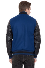 Black Leather Sleeves Blue Wool Varsity Jacket