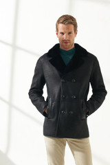 Mens Matt Black Shearling Leather Coat Mens Matt Black Shearling Leather Coat