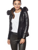 Women Black Fur Hooded Leather Jacket
